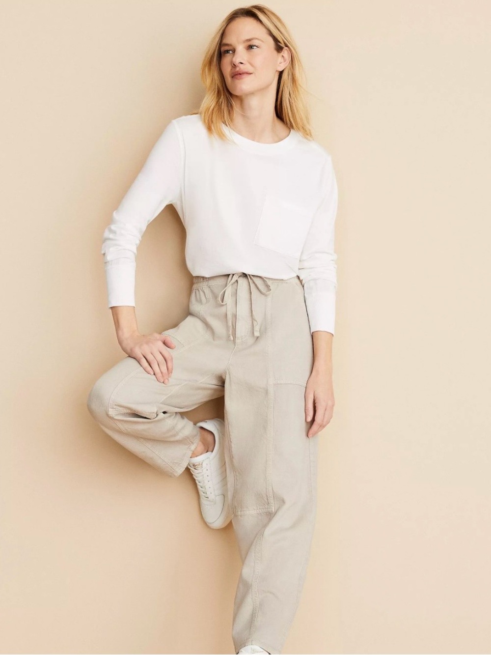 Lou & Grey Beige Drawstring Wide-Leg Trousers